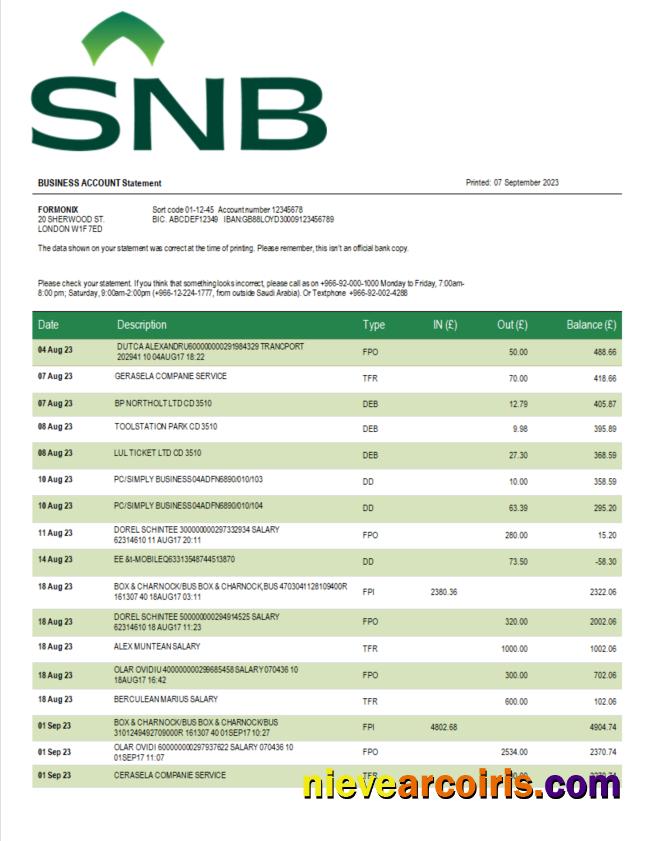 SNB Bank enterprise statement